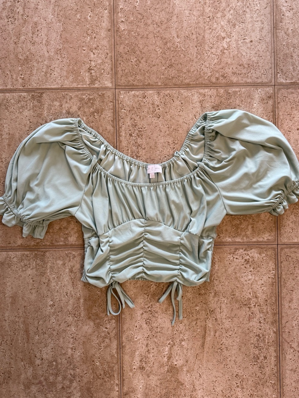 Ruched Puff Sleeve Crop Top in Light Sage